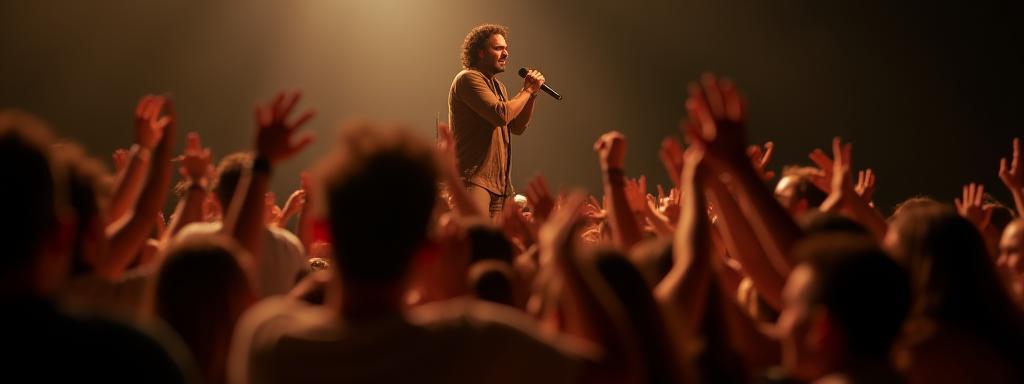 Artist interacting warmly with an enthusiastic audience after a performance