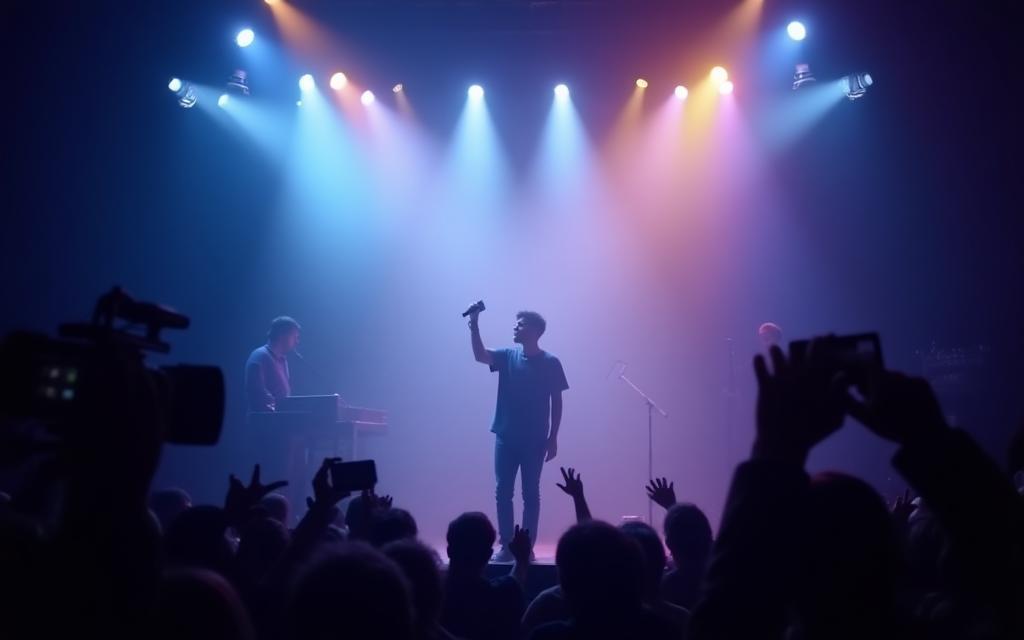 Artist performing under stage lights with media cameras capturing the moment